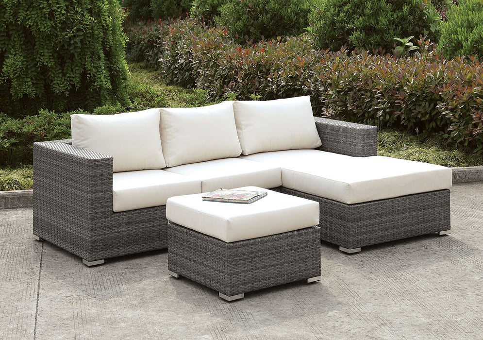 Somani Light Gray Wicker/Ivory Cushion Small L-Sectional w/ Right Chaise + Ottoman image