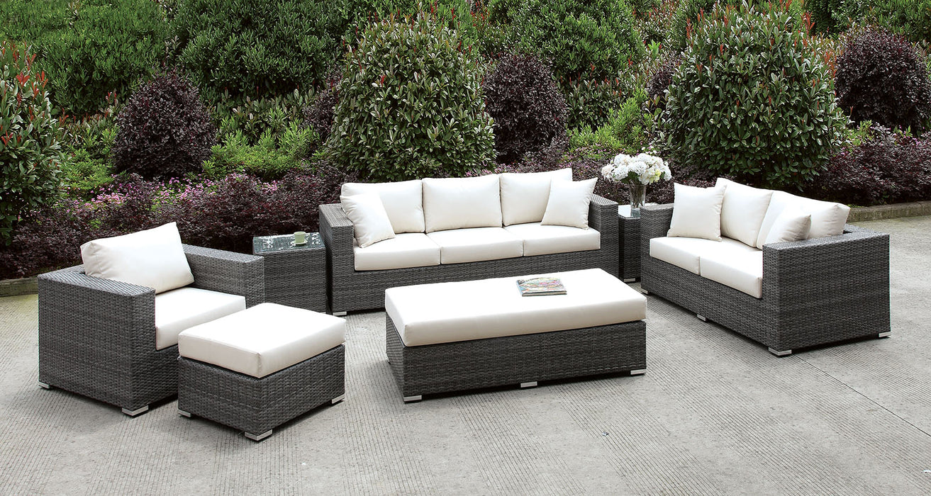 Somani Light Gray Wicker/Ivory Cushion 3 Pc Set + 2 End Tables + Ottoman + Bench image