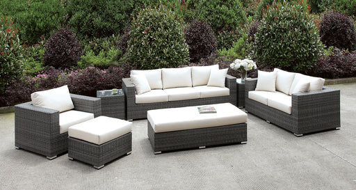 Somani Light Gray Wicker/Ivory Cushion 3 Pc Set + 2 End Tables + Ottoman + Bench image