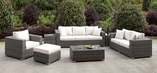 Somani Light Gray Wicker/Ivory Cushion 3 Pc Set + Ottoman + Bench + 2 End Tables image