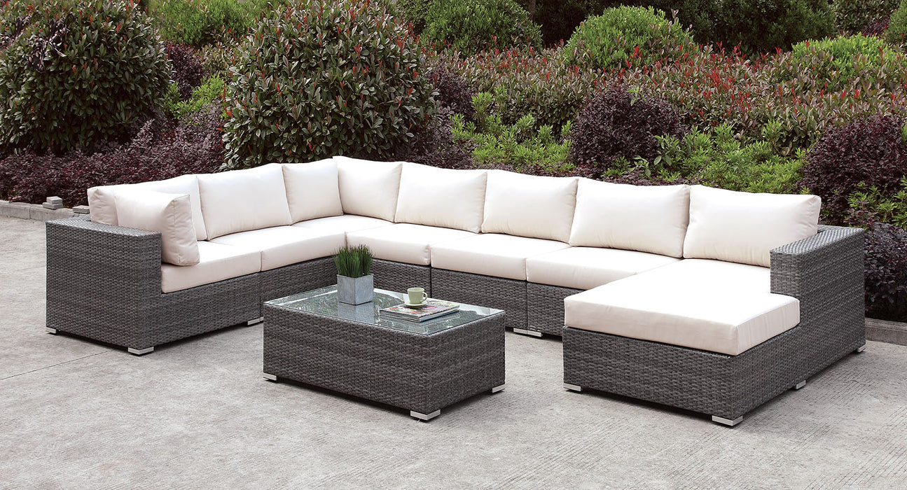 Somani Light Gray Wicker/Ivory Cushion U-Sectional + Coffee Table image