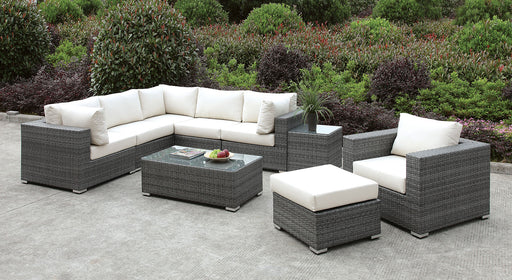 Somani Light Gray Wicker/Ivory Cushion L-Sectional + Chair + Ottoman + Coffee Table image